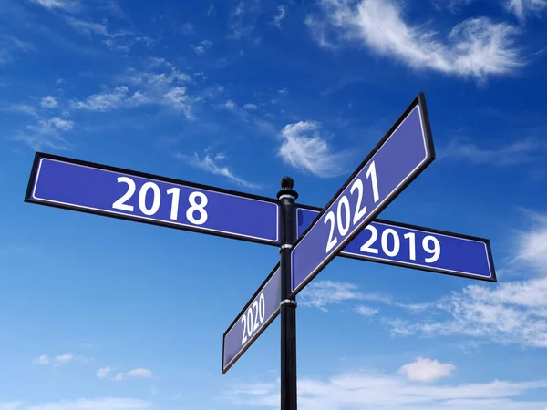 Four Way Metal Roadsign Future Year Numbers Blue Sky — Stock Photo, Image