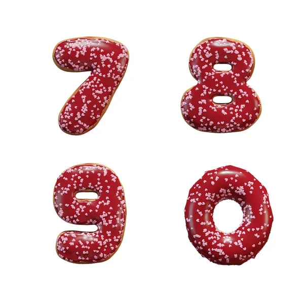 Donut Harflerinin Boyutlu Alfabesinin Kırmızı Krema Pembe Kalp Parçacıkları Ile — Stok fotoğraf