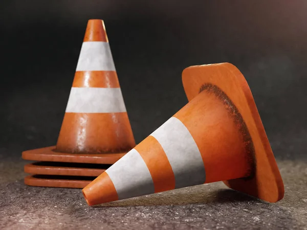 Renderização Grunge Branco Laranja Cones Advertência Rodoviária Colocado Superfície Asfalto — Fotografia de Stock