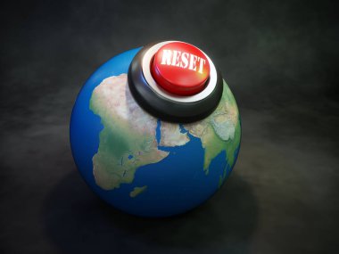Globa konseptini sıfırlarken Dünya gezegeninin kırmızı reset düğmesi ile 3B görüntülenmesi