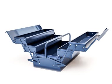 Beyaz arkaplan üzerinde mavi metal araç kutusu açık