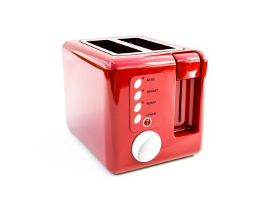 Beyaz arkaplanda modern kırmızı tost makinesinin 3B görüntülemesi