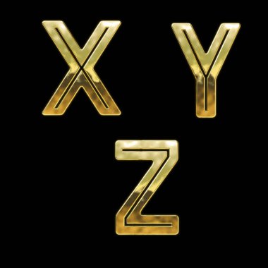 Modern biçim altın yazı tipi alfabesinin 3B yorumlaması - X-Z harfleri