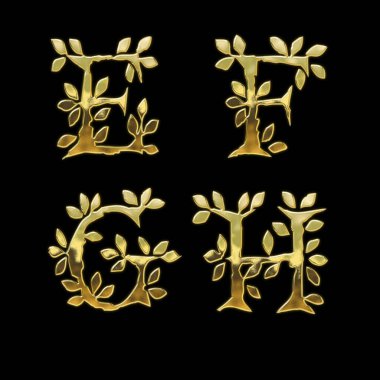 Altın yaprak yazı tipi alfabesinin 3B görüntülemesi - E-H harfleri