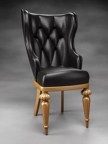 木制腿的时髦黑色皮革扶手椅3D渲染 — 图库照片