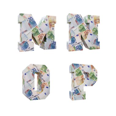 Avrupa banknotlarına sarılı 3D alfabe yorumlaması: Beyaz arkaplanda M-P harfleri