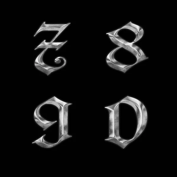 Rendering Alter Gotischer Metallbuchstaben Ziffern — Stockfoto