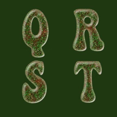 3 boyutlu yeşil ve kırmızı simli büyük harf alfabesi Q-T harfleri.