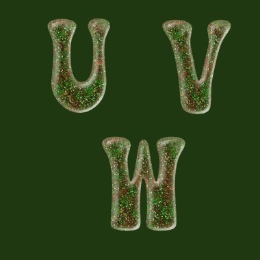 Yeşil ve kırmızı simli büyük harf alfabesinin 3D yorumlanması - U-W harfleri