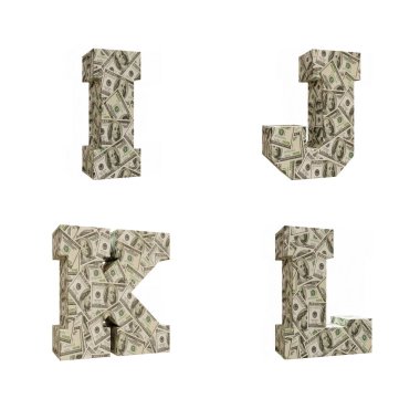Büyük harflerin 3 boyutlu yorumlanması. 100 dolarlık banknotlar ve I-L harfleriyle çevrili.