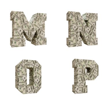 100 dolar banknot ve M-P harfleriyle çevrili 3D büyük harfli alfabe.