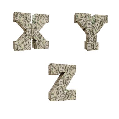 100 dolar banknot ve X-Z harfleriyle çevrili 3D büyük harfli alfabe.