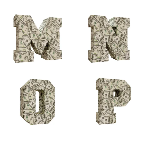 100 dolar banknot ve M-P harfleriyle çevrili 3D büyük harfli alfabe.