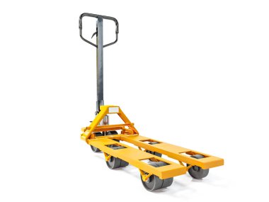 Beyaz zemin üzerinde çekilen sarı palet kamyonu