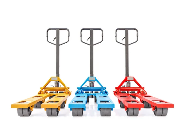 Three Pallet Trucks Yellow Blue Red Color Shot White Background — 스톡 사진