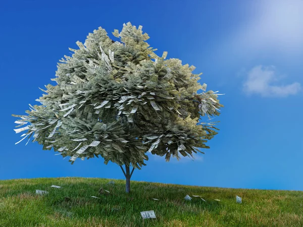 草の根の上で成長している100米ドル紙幣の木の3Dレンダリング — ストック写真