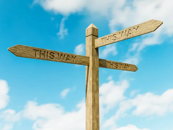 Rendering Wooden Three Directional Sign Post Thext Way Sky — Stock Photo, Image