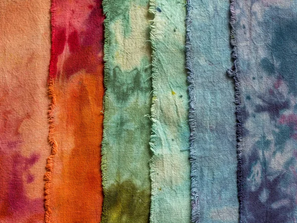 Closeup Overlapping Colorful Hand Dyed Wet Cotton Fabrics Shot — Stock Photo, Image