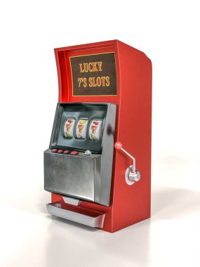 3d rendering of red slot machine with lucky 777 numbers on white background