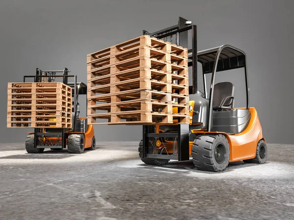 Gri Arkaplandaki Ahşap Paletlerle Yüklenmiş Iki Forklift Görüntüleme — Stok fotoğraf