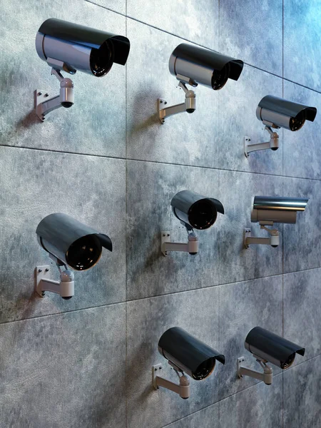 Representación Muchas Cámaras Seguridad Montadas Pared Monitoreando Área —  Fotos de Stock
