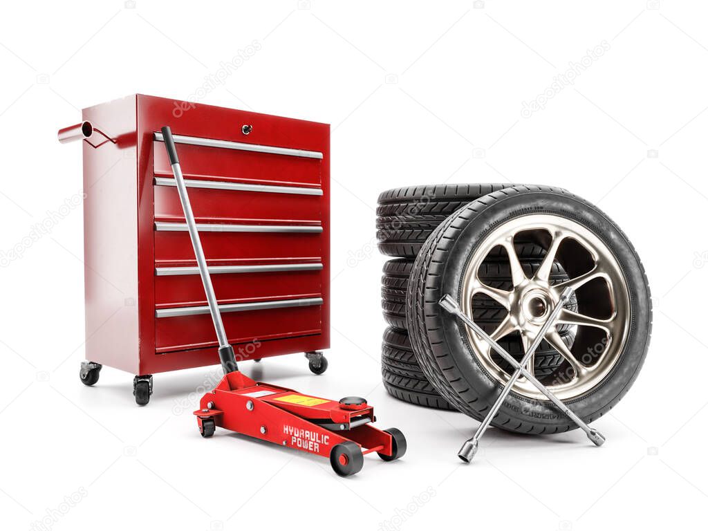 3D rendering of set of four tires, hydraulic car jack, lug wrench and red workshop tool cabinet on white
