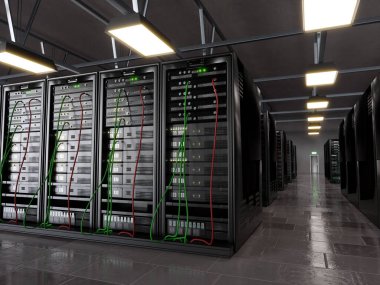 Ana bilgisayarlı sunucu odasının 3d görüntülenmesi