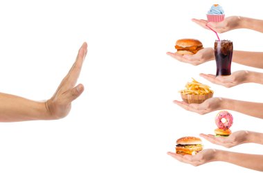 Hand refusing junk food with white background clipart