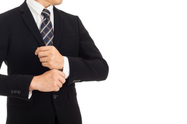 İşadamı deftere nakledilen akıllı beyaz arka plan ile izole.