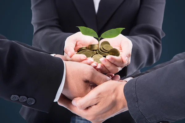 Business Team Håller Växande Pengar Tillsammans För Att Spara Sina — Stockfoto