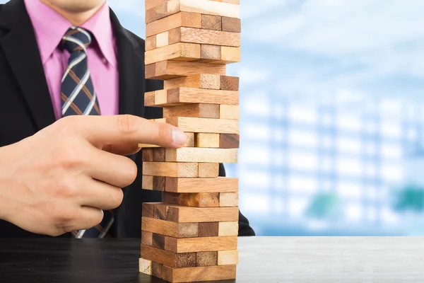 Concepto Riesgo Empresarial Con Madera Jenga Game Businessman Gestionar Estrategia — Foto de Stock