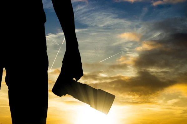 Camera Photographer Holding Dslr Preparing Phtography Travel Twilight Time — Stock Photo, Image