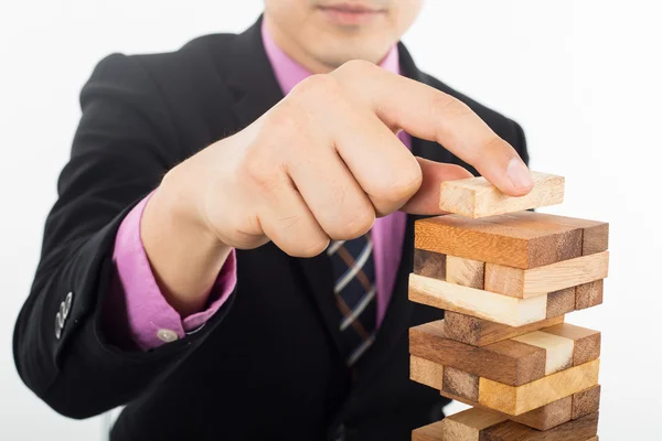 Business Risk Konzept Mit Holz Jenga Spiel Geschäftsmann Verwalten Seine — Stockfoto