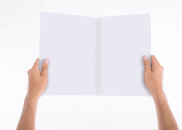 Segurando Livro Branco Branco Com Fundo Branco Isolado — Fotografia de Stock