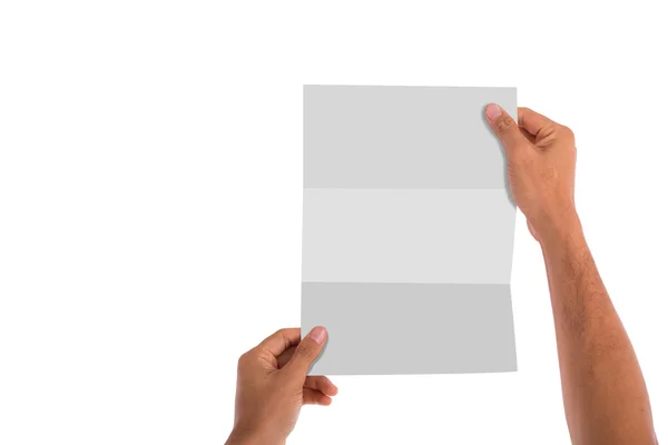 Holding Blanco Papier Geïsoleerd Met Witte Achtergrond — Stockfoto