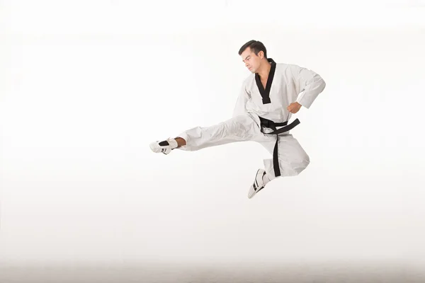 Arte Marcial Taekwondo Chutando Isolado Com Fundo Branco — Fotografia de Stock