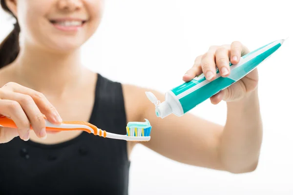 Mujer Lista Para Limpiar Sus Dientes —  Fotos de Stock