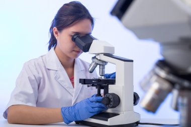 Laboratuvar mikroskobu araştırması. Bilimadamları laboratuvar odasında ders çalışıyor..