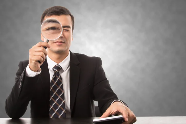 Businessman Holding Magnifying Glass Search Data Information — Stock Photo, Image