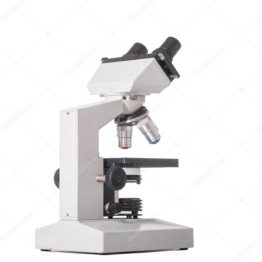 Microscope machine for research experiment with white background.