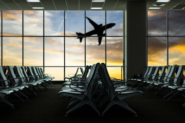 Aircraft take off view from airport terminal clipart