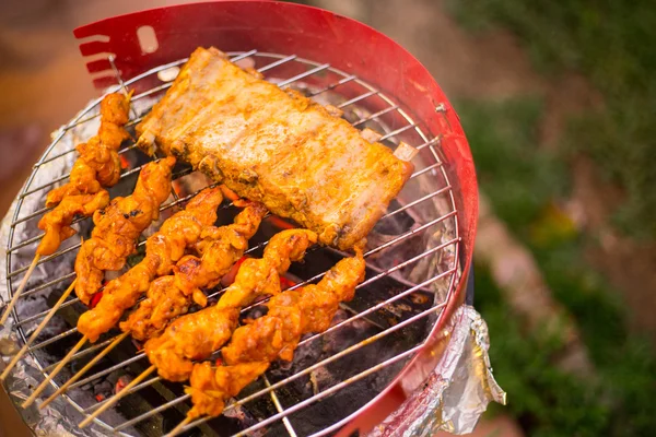 Churrasco grelhar frango e carne de porco cozinhar — Fotografia de Stock