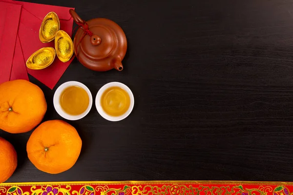 Flat Lay Chinese New Year Mandarin Orange Tea Water Top — Stock Fotó