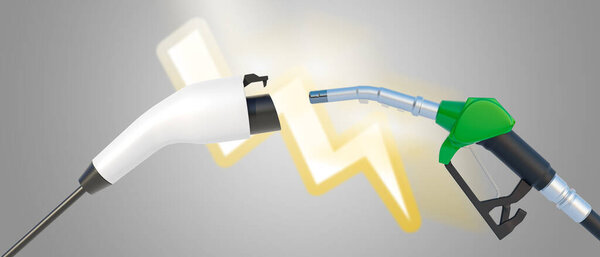 3D рендеринг Copare между электрическим и бензиновым автомобилем с концептуальным маслом и новой топливной энергией. Зарядное устройство для вашего выбора 