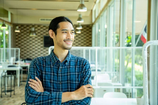 Asian Owner Restaurant Looking Window Thinking His Business Sucees Small — Stock Photo, Image