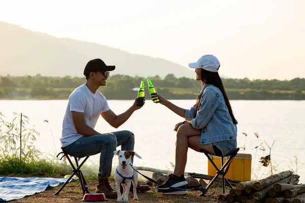 Asian Couple Holding Alcohol Beer Bottle Cheer Drink Finished Camping — Stock Photo, Image