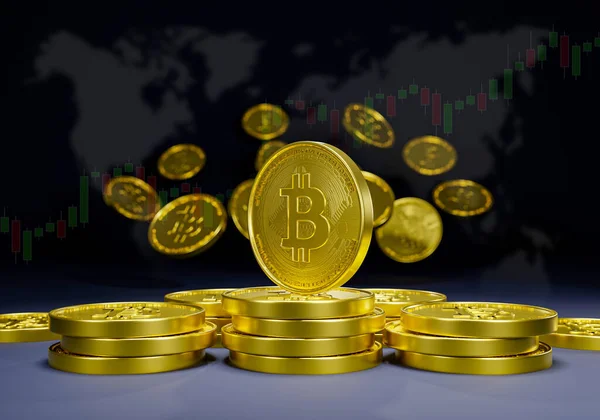 Bitcoin cyrptocurrency 3D fütüristik blok dijital pazarlama. Gelecekte kazanç ve satın alma için para birimi pazarı.
