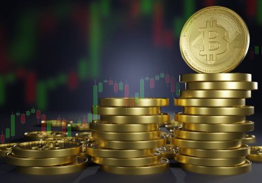 Bitcoin 3D görüntüleme ile kripto para büyütme. Yatırım zinciri para piyasası dijital bankacılık para değişimi ve dijital para birimi ticaretini engelliyor.
