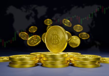 Bitcoin şifreleme 3D fütüristik blok zinciri dijital pazarlama. İleride kazanç ve satın alma için para birimi pazarı