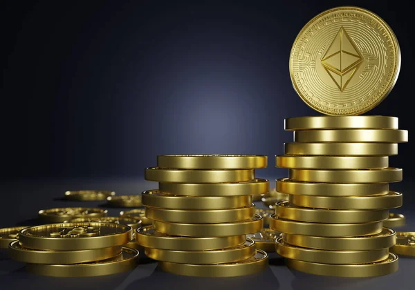 Growing crypto currency with ethereum coin 3D rendering. Investment blockchain money market digital banking for exchange money and trade digital currency.